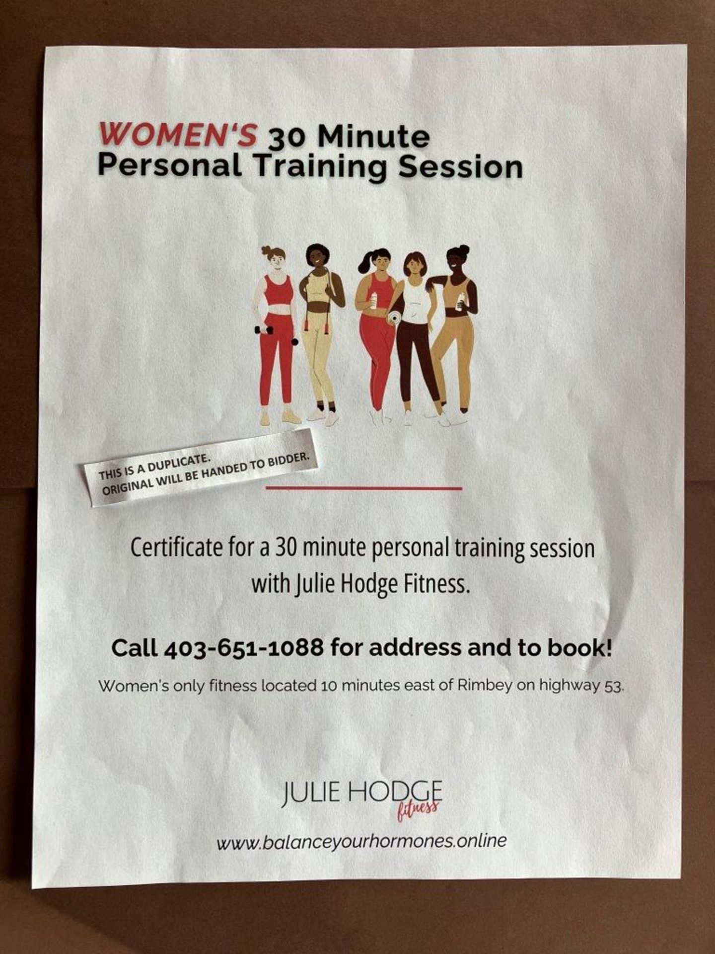 JULIE HODGE FITNESS WOMEN'S 30 MINUTE PERSONAL TRAINING GIFT CERTIFICATE