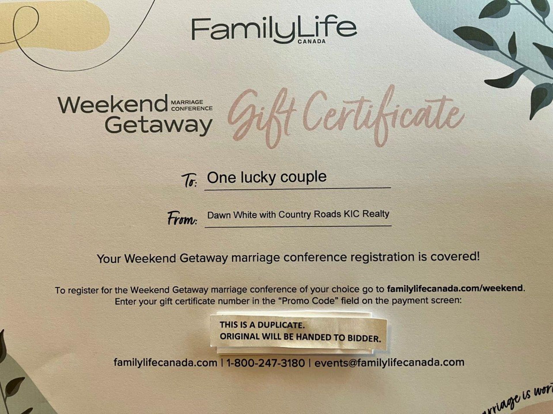 FAMILY LIFE CANADA COUPLES WEEKEND GETAWAY GIFT CERTFICATE - Image 2 of 3