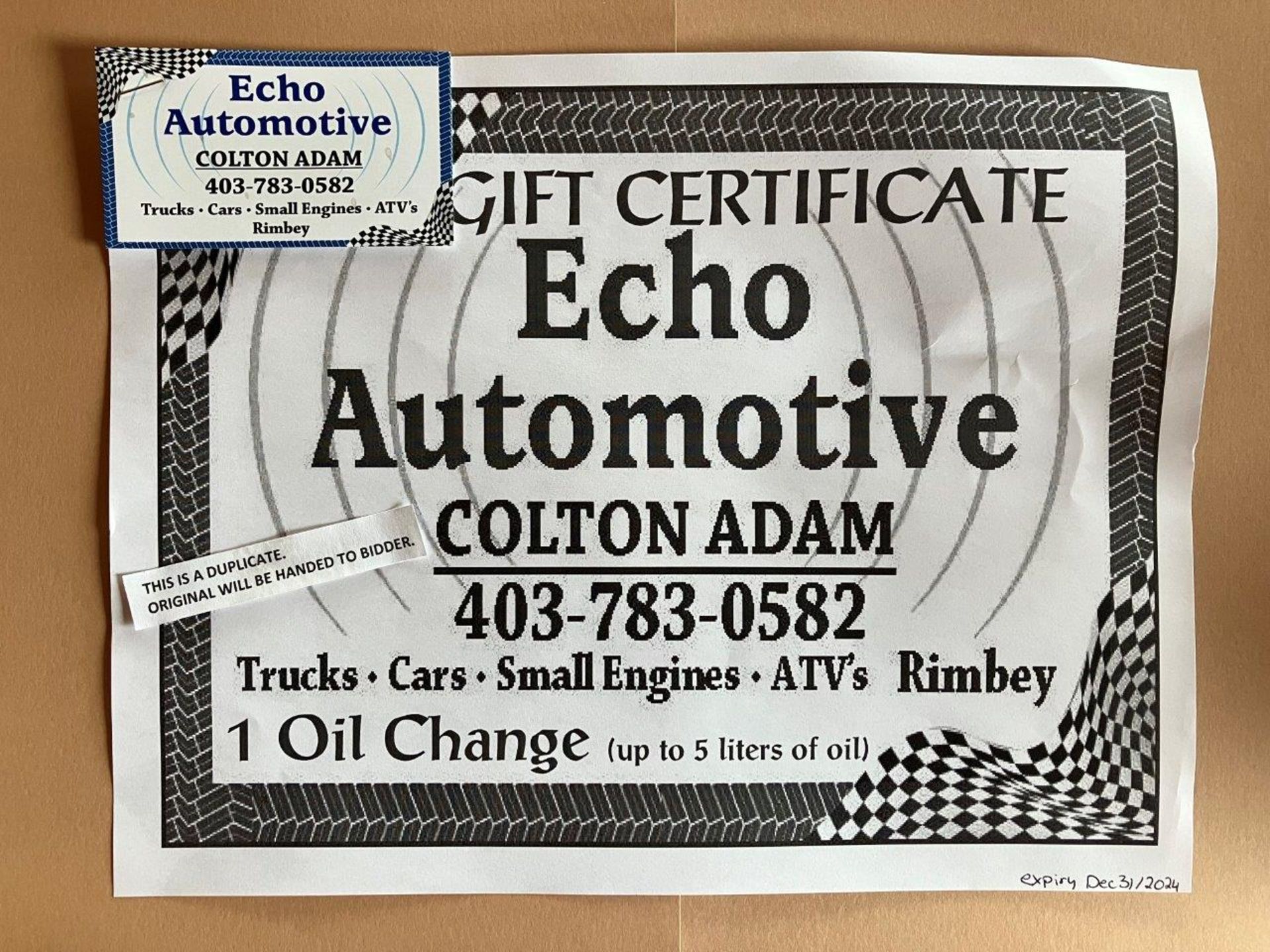 ECHO AUTOMOTIVE OIL CHANGE GIFT CERTIFICATE