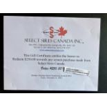 SELECT SIRES CANADA $250.00 GIFT CERTIFICATE