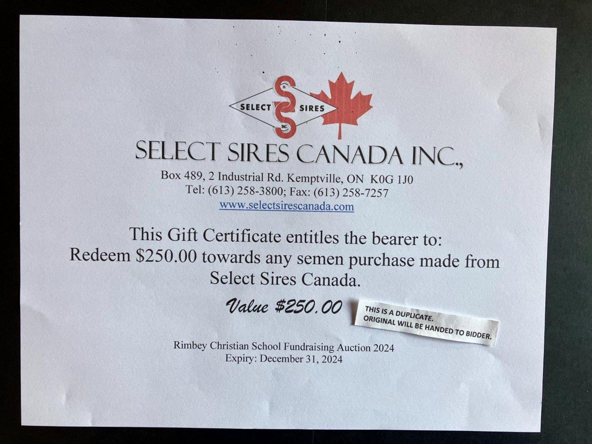 SELECT SIRES CANADA $250.00 GIFT CERTIFICATE