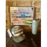 BUIST MOTOR PRODUCTS OIL CHANGE GIFT CERTIFICATE, TRAVEL MUG & BASEBALL CAP