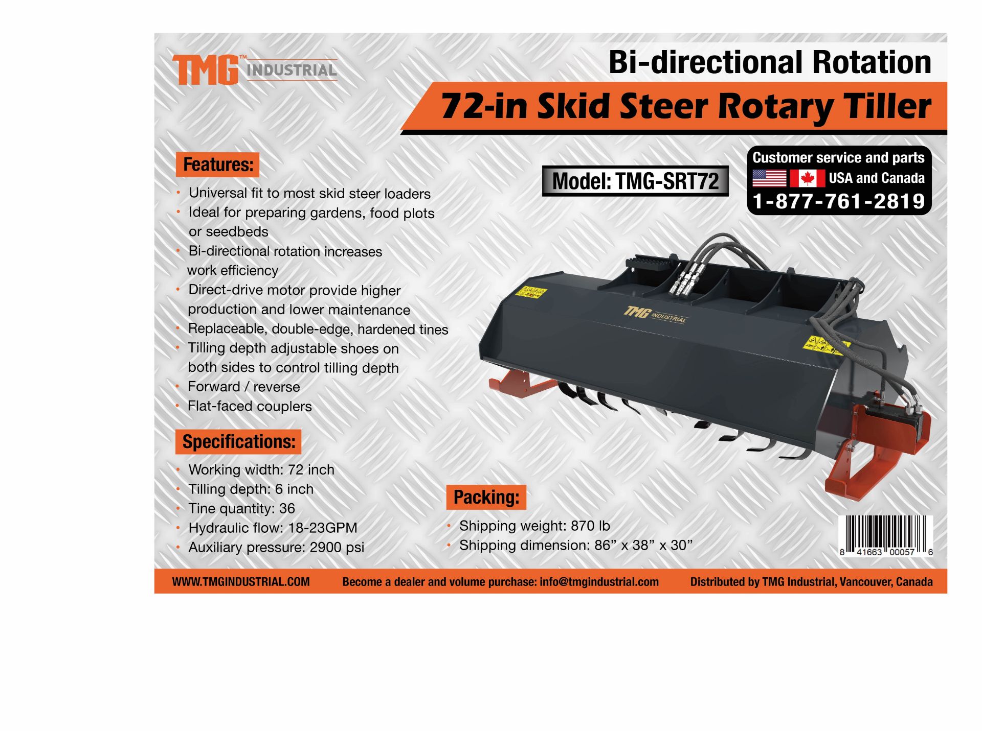 TMG-SRT72 ROTARY TILLER SKID STEER 72'' - Image 6 of 6