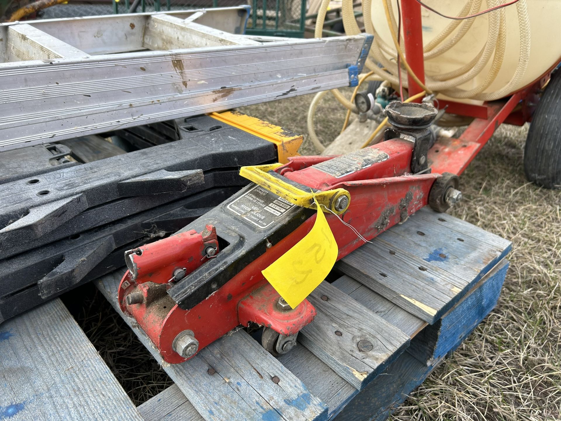 FOLDING POLY SAW HORSES, TROLLEY JACK, CLAMSHELL POST HOLE DIGGER, ALUM. LADDER - Image 2 of 5