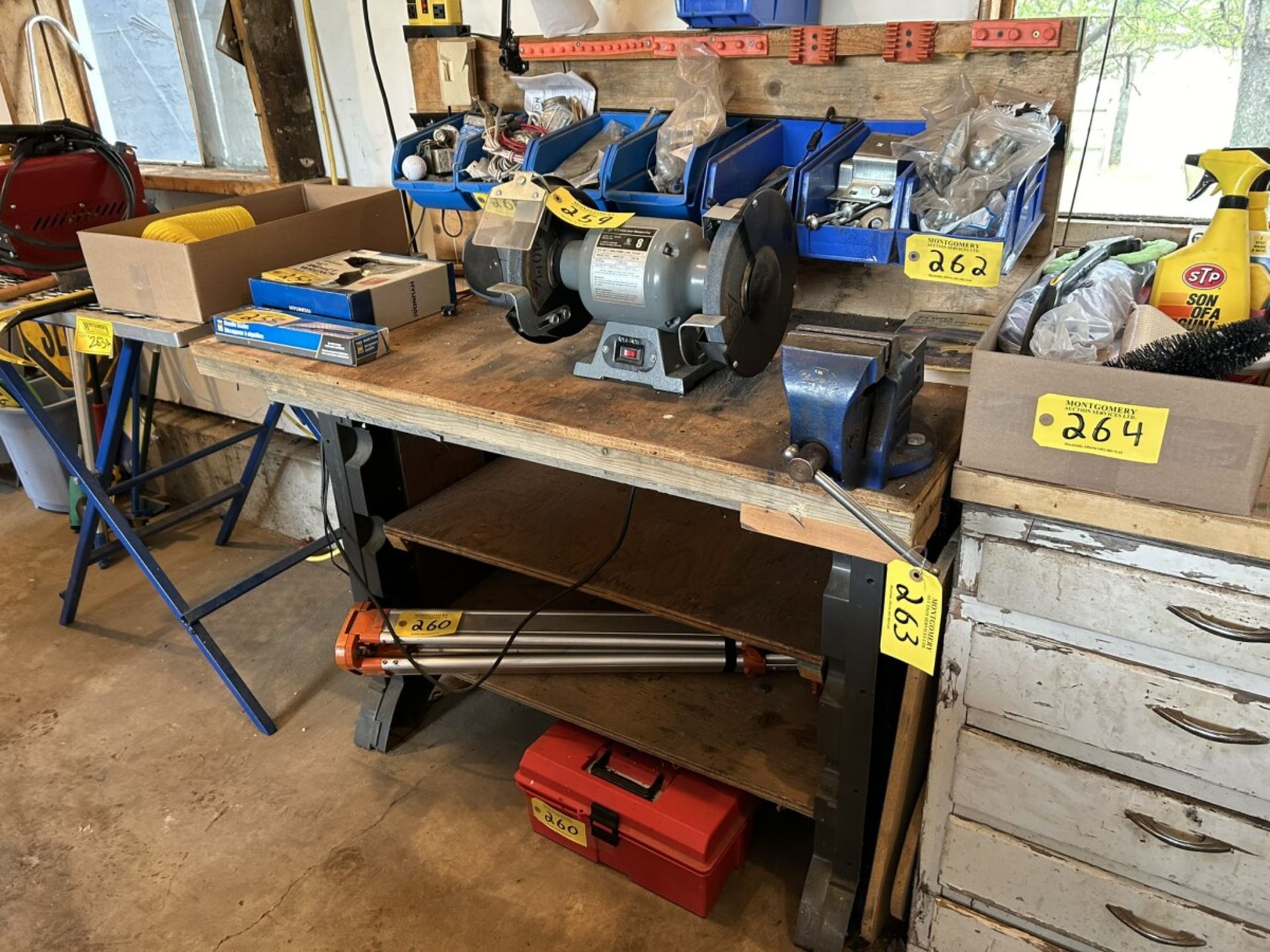 48"X24"X36" WORK BENCH W/ 4" BENCH VISE (POLY STORAGE BINS NOT INCLUDED)