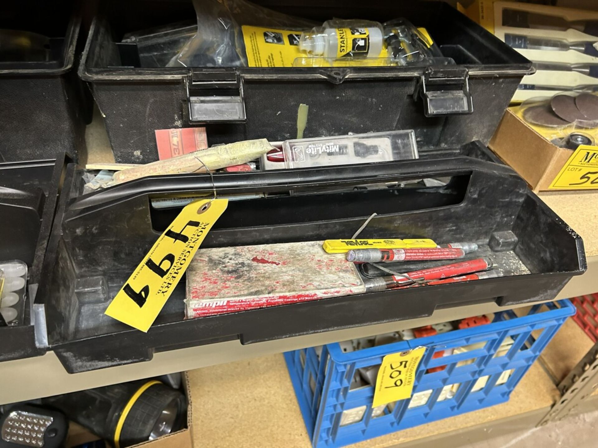 TOOL BOX W/ASSORTED WRASPS, SANDERS, PLIERS, ADJ. WRENCHES, WET STONE ETC… - Image 5 of 8