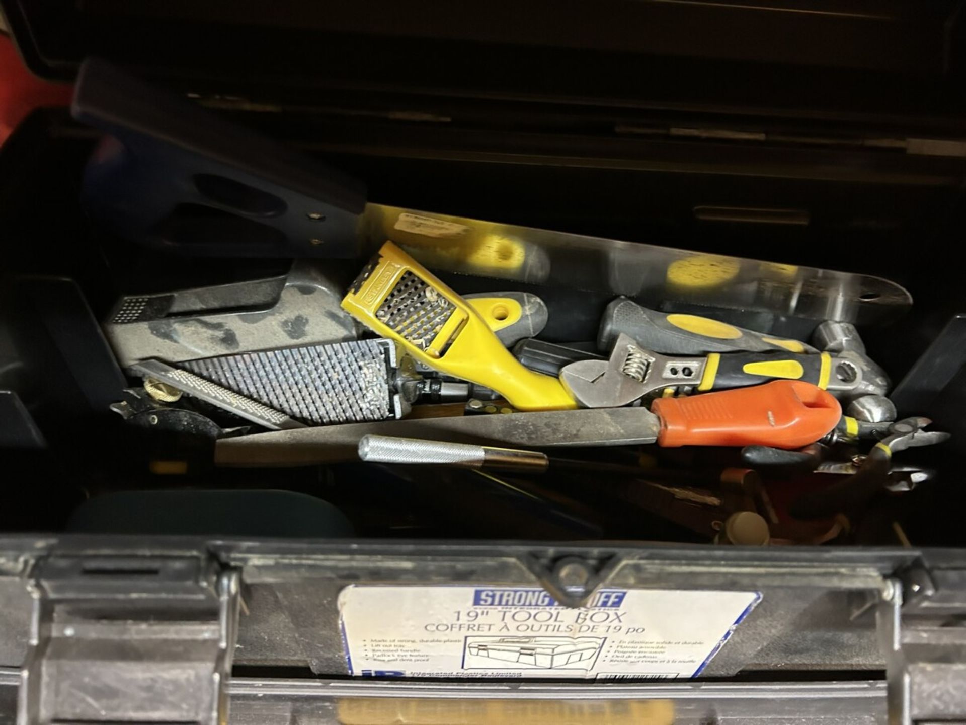 TOOL BOX W/ASSORTED WRASPS, SANDERS, PLIERS, ADJ. WRENCHES, WET STONE ETC… - Image 3 of 8