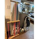 L/O ASSORTED IRONING BOARD, 2 IRONS, CLOTHES DRYING RACK, HANGING DRYER, STOOL, 2 SMALL STEP