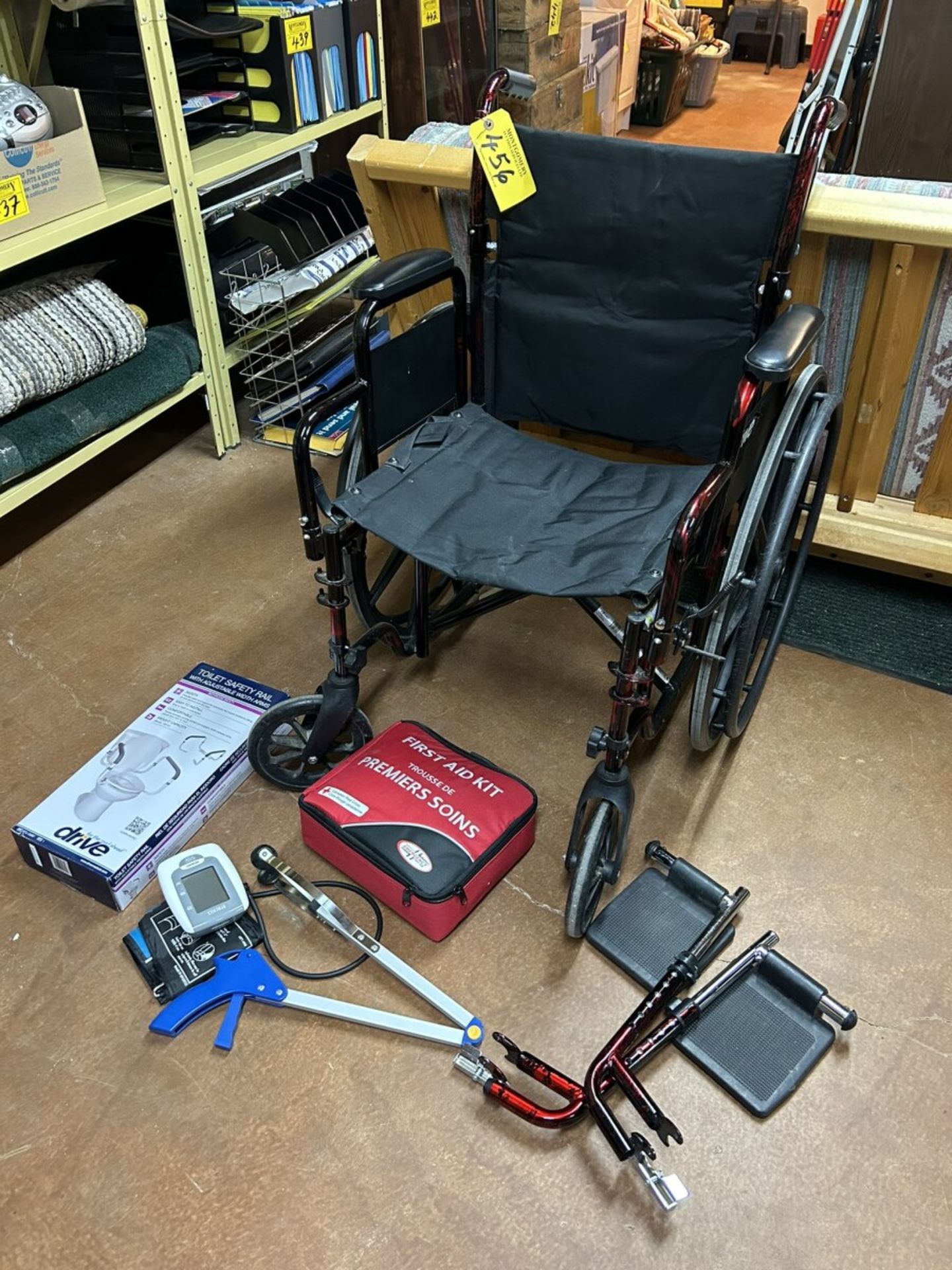 WHEEL CHAIR, BLOOD PRESSURE MONITOR, HAND CLAW, FIRST AID KIT, TOILET SAFETY RAIL