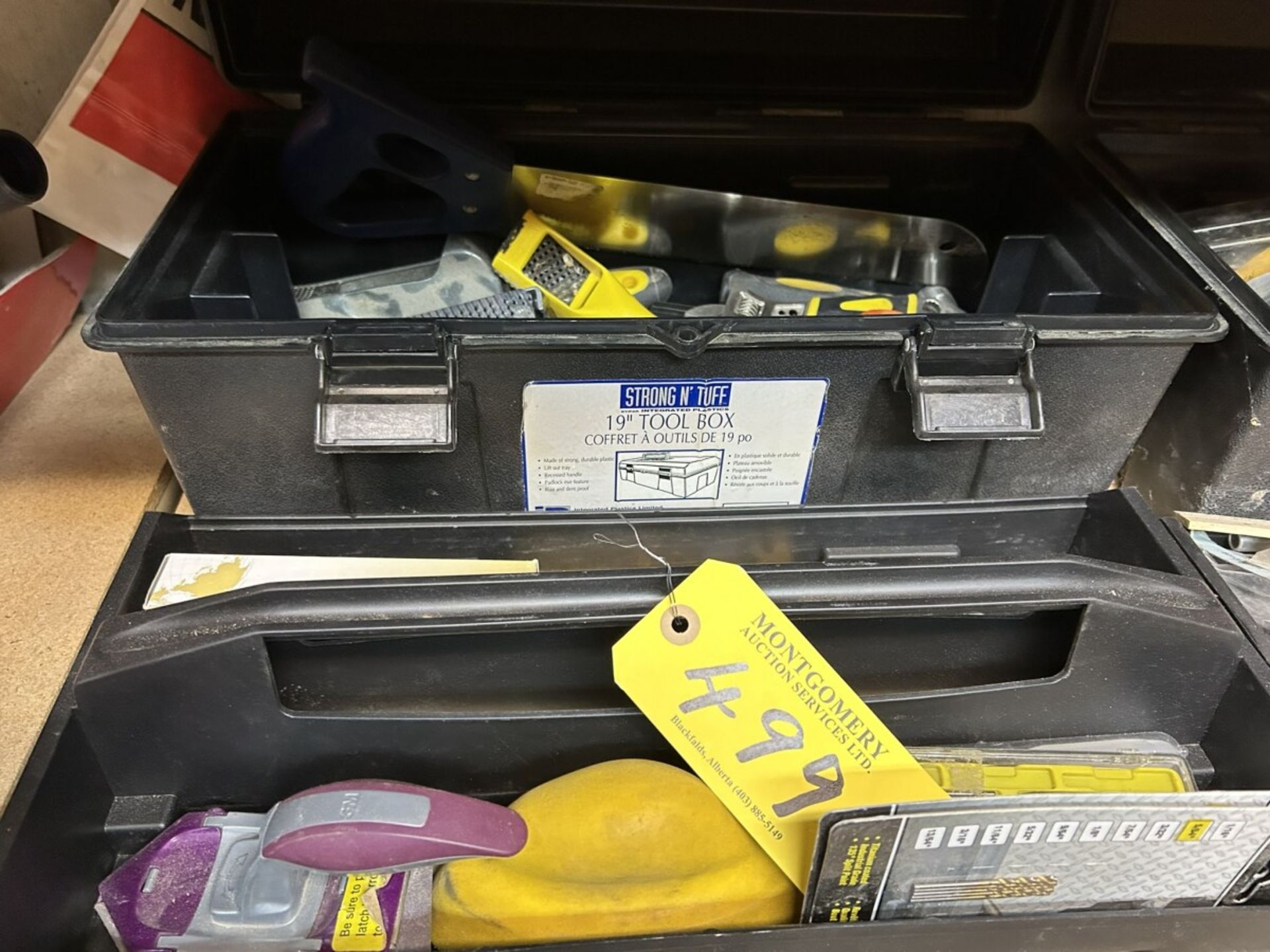 TOOL BOX W/ASSORTED WRASPS, SANDERS, PLIERS, ADJ. WRENCHES, WET STONE ETC… - Image 2 of 8