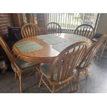 OAK 42" DIA PEDESTAL DINNING ROOM TABLE W/ 6 CHAIRS AND 18" LEAF