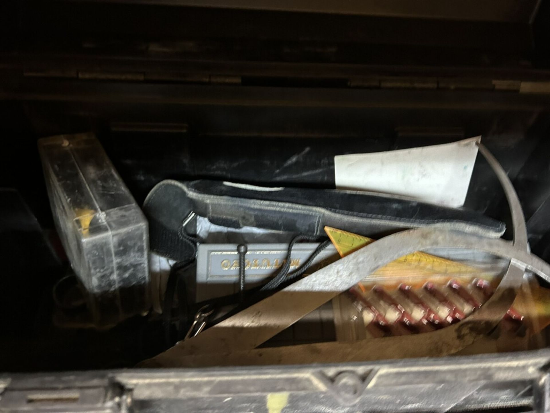 TOOL BOX W/ASSORTED WRASPS, SANDERS, PLIERS, ADJ. WRENCHES, WET STONE ETC… - Image 7 of 8