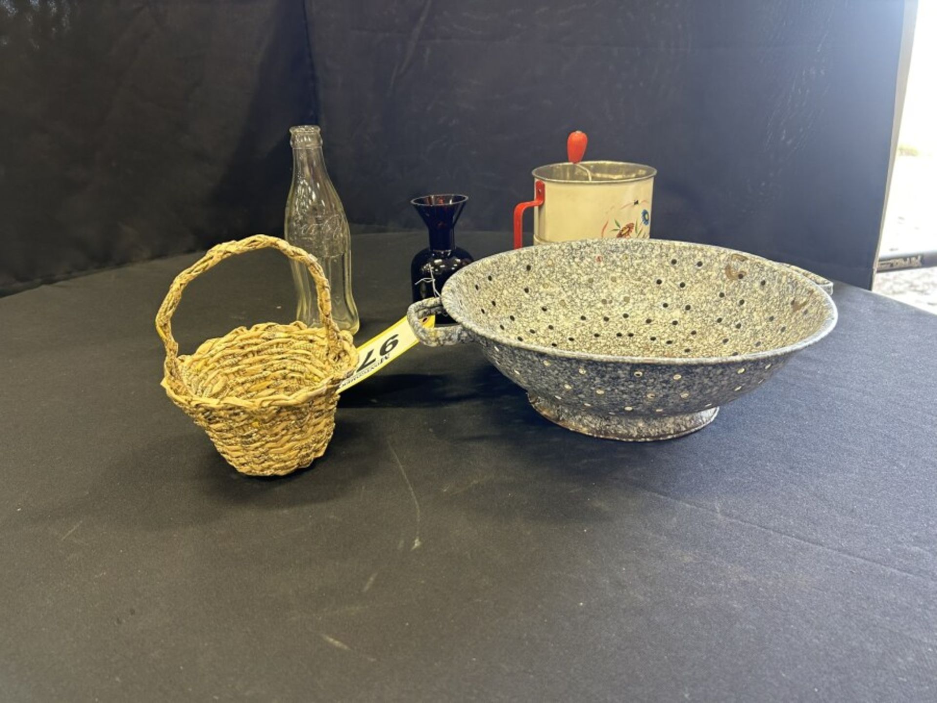 ANTIQUE ENAMEL COLANDER, FLOWER SIFTER, COCA-COLA BOTTLE, ETC. - Image 4 of 10