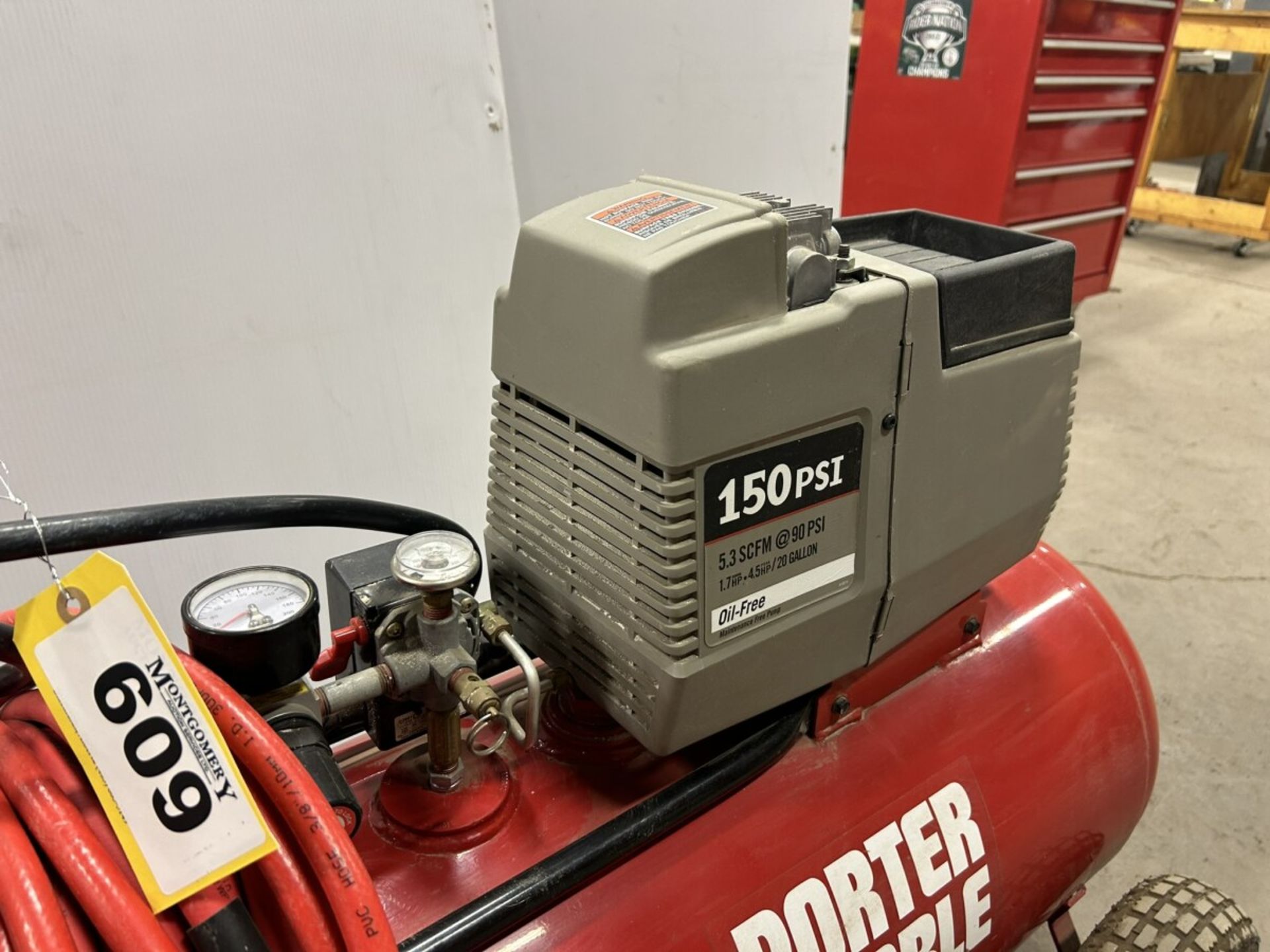 PORTER CABLE 150 PSI AIR COMPRESSOR W/ AIR HOSE - Image 3 of 7