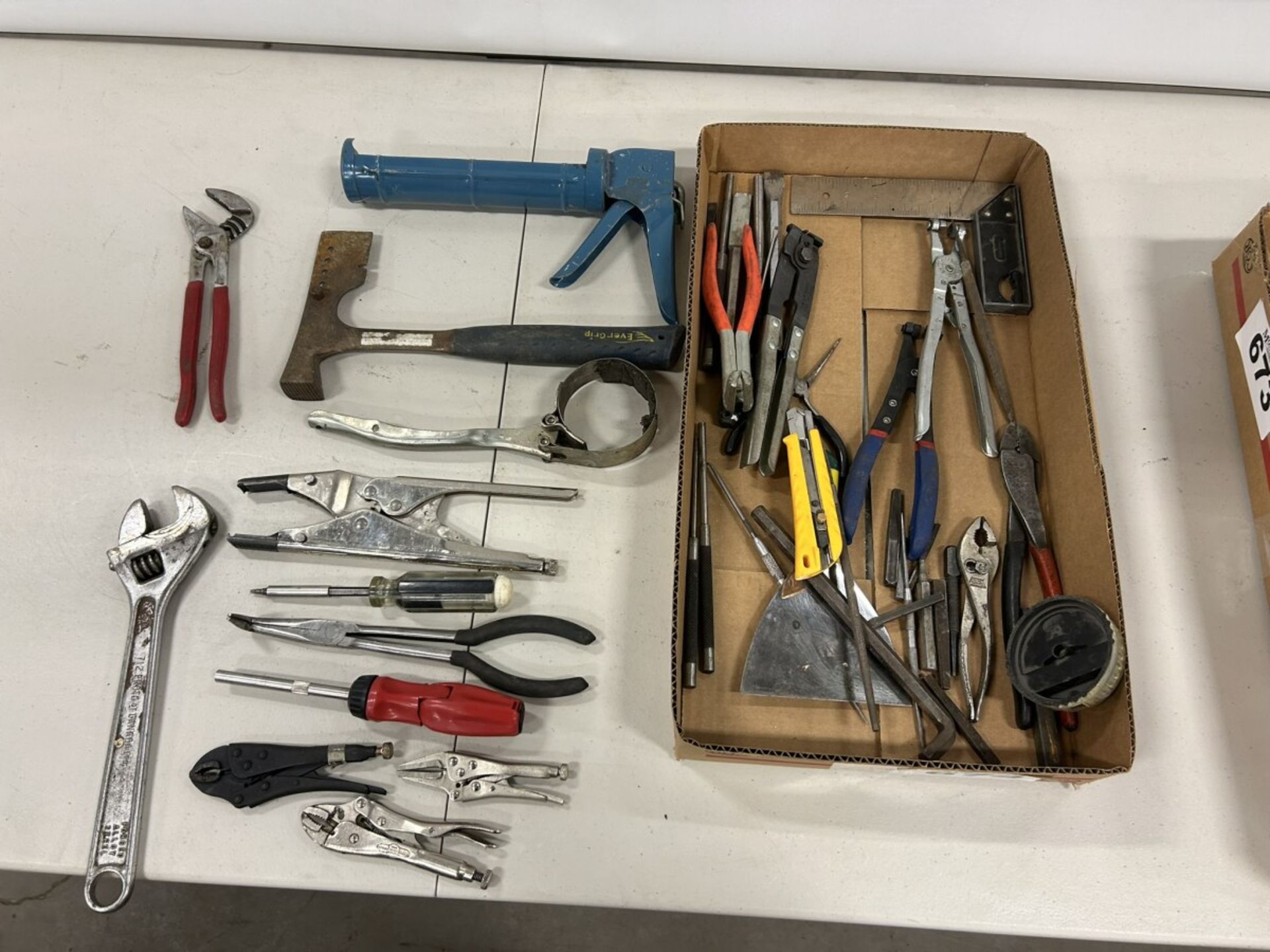 L/O ASSORTED HAND TOOLS PLIERS, ESTWING ROOFERS HATCHET, ETC.