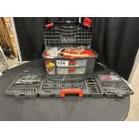 BLACK & DECKER DRILL/DRIVER BIT SET AND POLY TOOLBOX W/ ASSORTED HAND TOOLS AND HARDWARE
