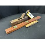 ANTIQUE WOODEN BLOCK PLANE AND WOODEN CARPENTERS LEVELS