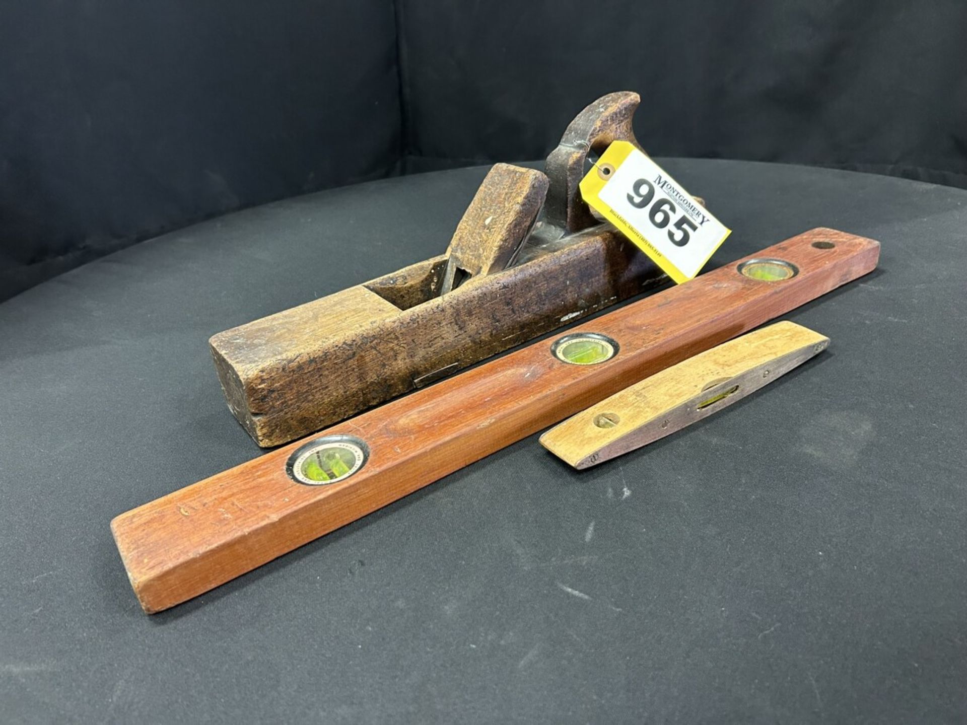 ANTIQUE WOODEN BLOCK PLANE AND WOODEN CARPENTERS LEVELS