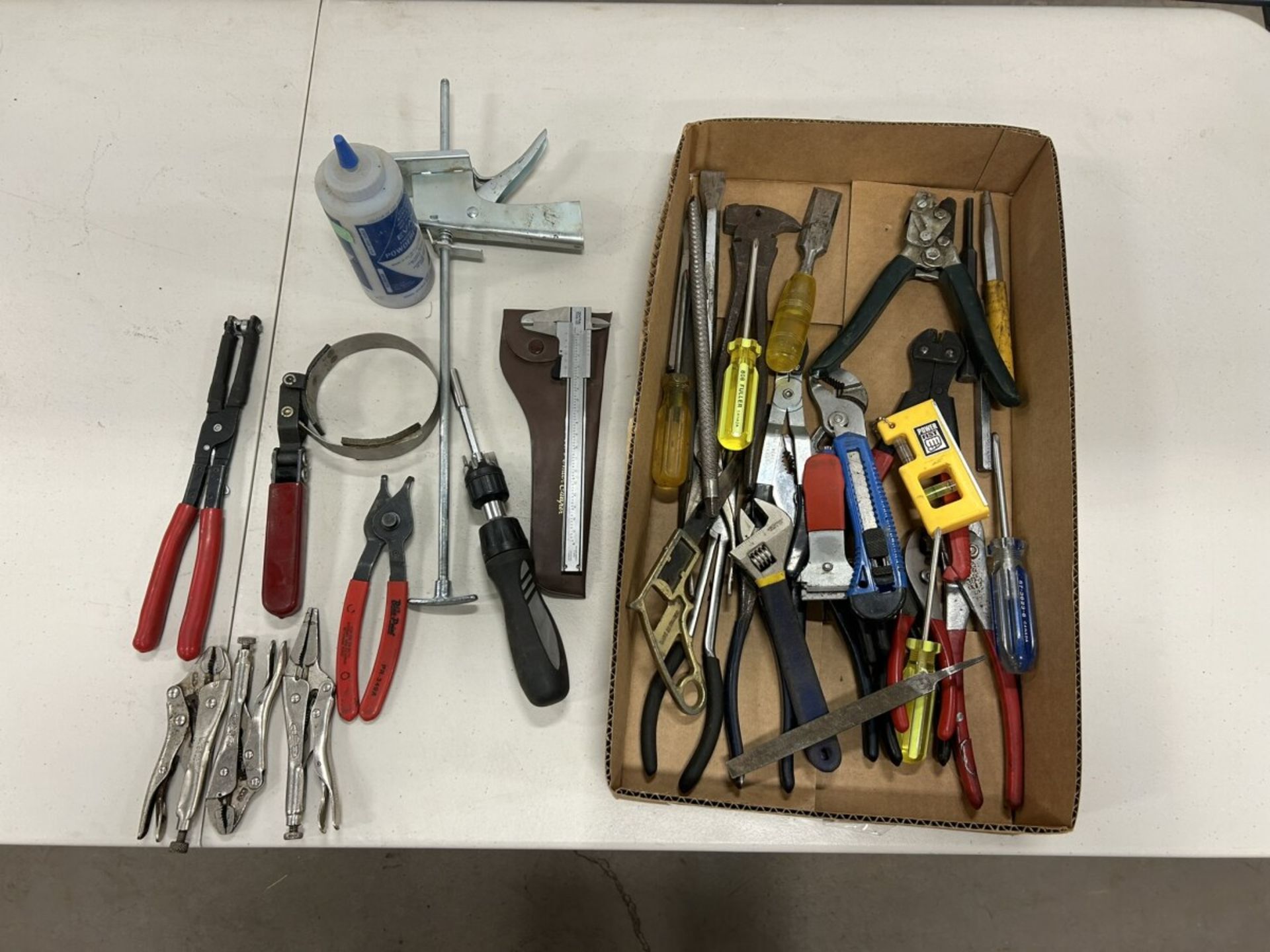 L/O ASSORTED HAND TOOLS PLIERS, VICE GRIPS, BLUE POINT RETAINING RING PLIERS ETC.