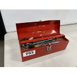CANADIAN TIRE TOOL BOX, ASSORTED TOOLS, AND SOCKET SET