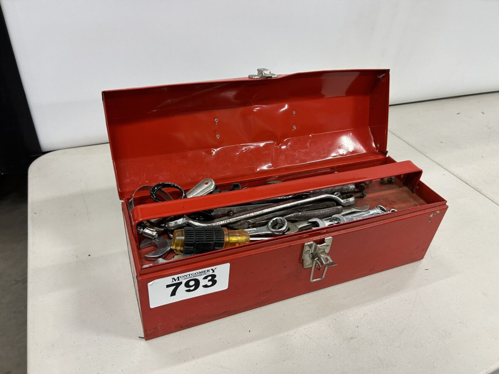 CANADIAN TIRE TOOL BOX, ASSORTED TOOLS, AND SOCKET SET