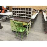 ANTIQUE 4 DRAWER DESK (42"X18") & CHAIR W/ STORAGE UNIT (51"X6"X53"T)