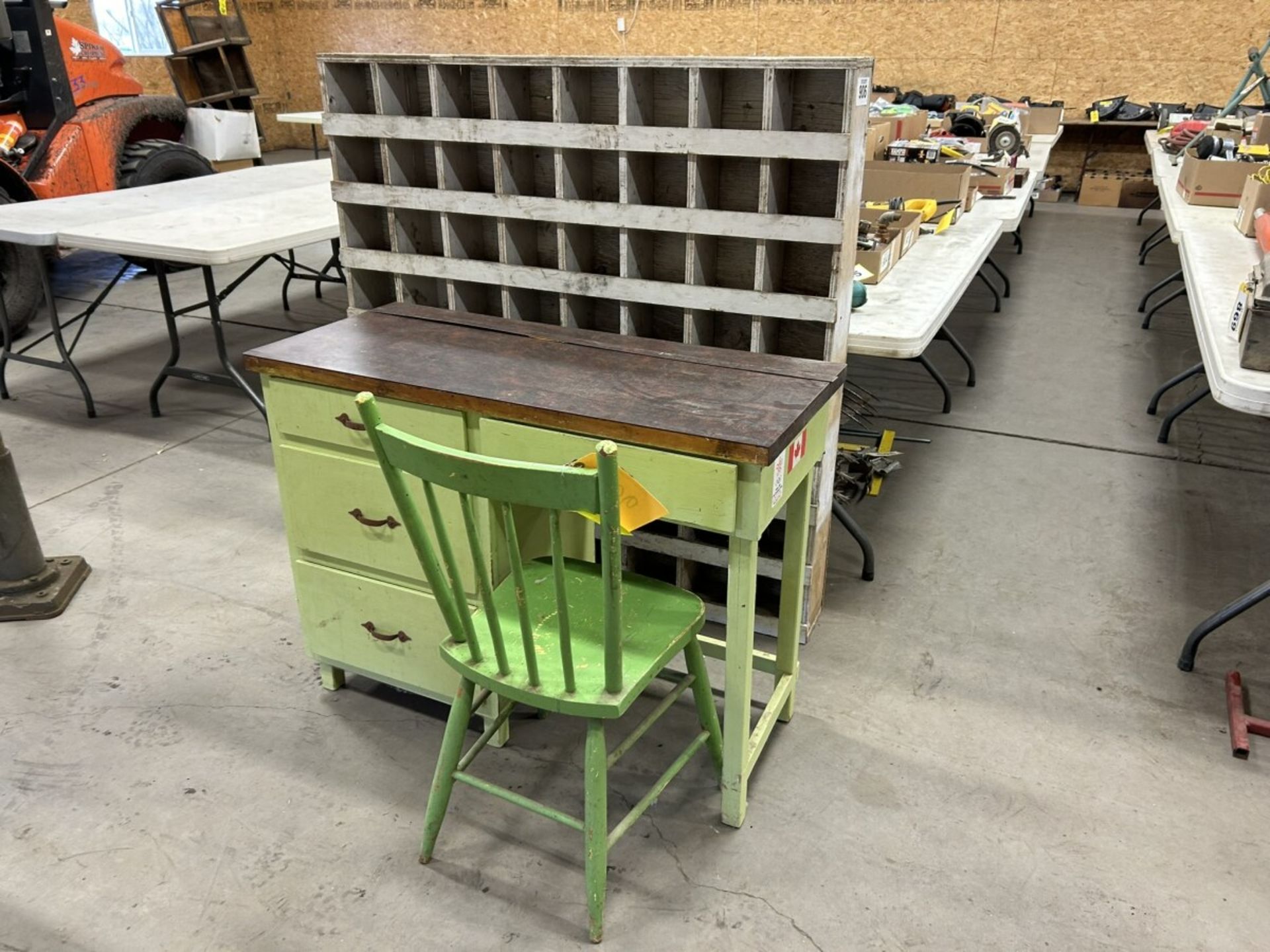 ANTIQUE 4 DRAWER DESK (42"X18") & CHAIR W/ STORAGE UNIT (51"X6"X53"T)