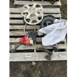 ASSORTED STRING TRIMMER PARTS AND GARDEN HOSE REEL