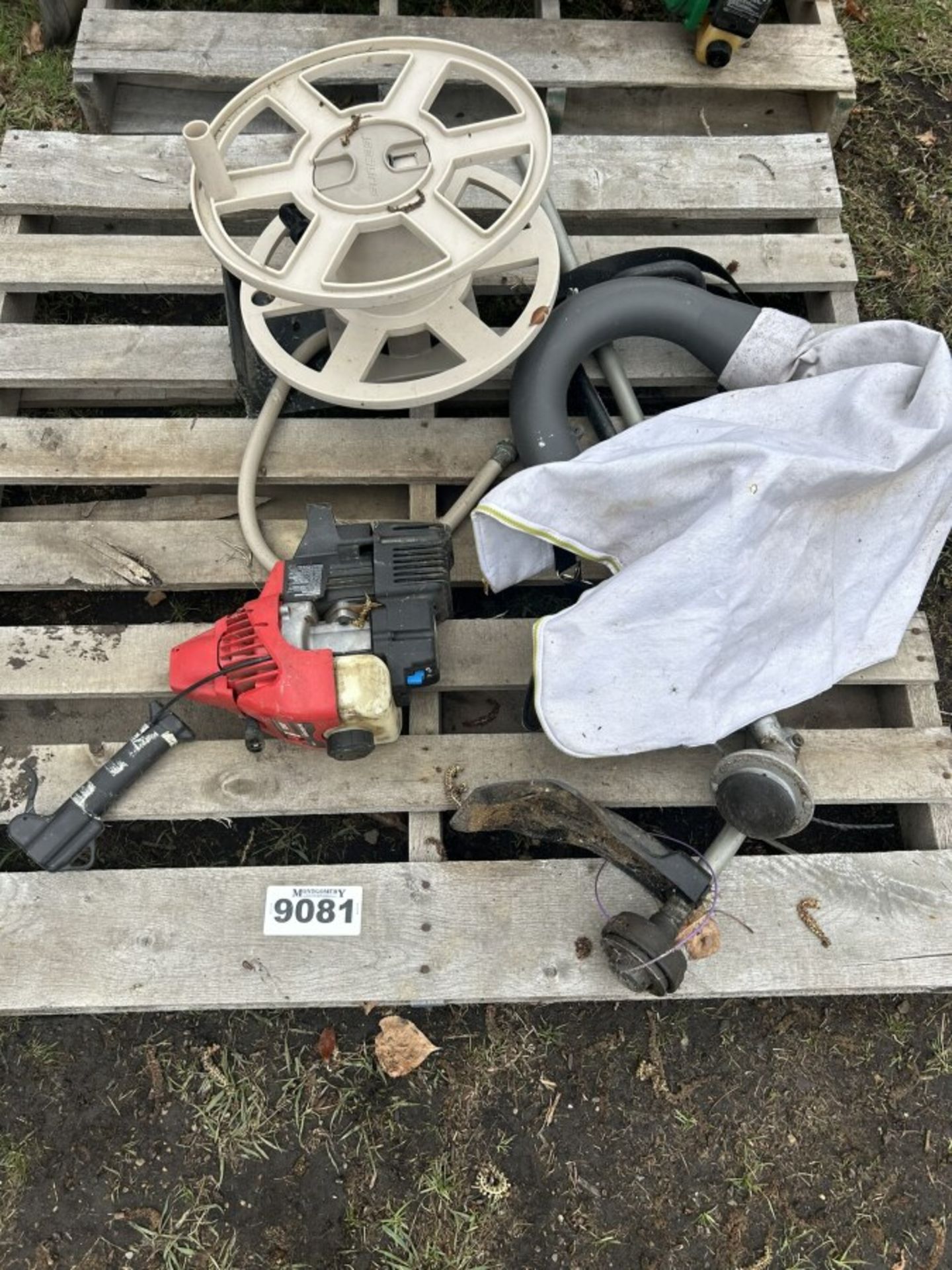 ASSORTED STRING TRIMMER PARTS AND GARDEN HOSE REEL