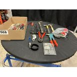 LEVER GREASE GUN, 14" BOLT CUTTERS, RIVETER, RIVETS AND ASSORTED HAND TOOLS