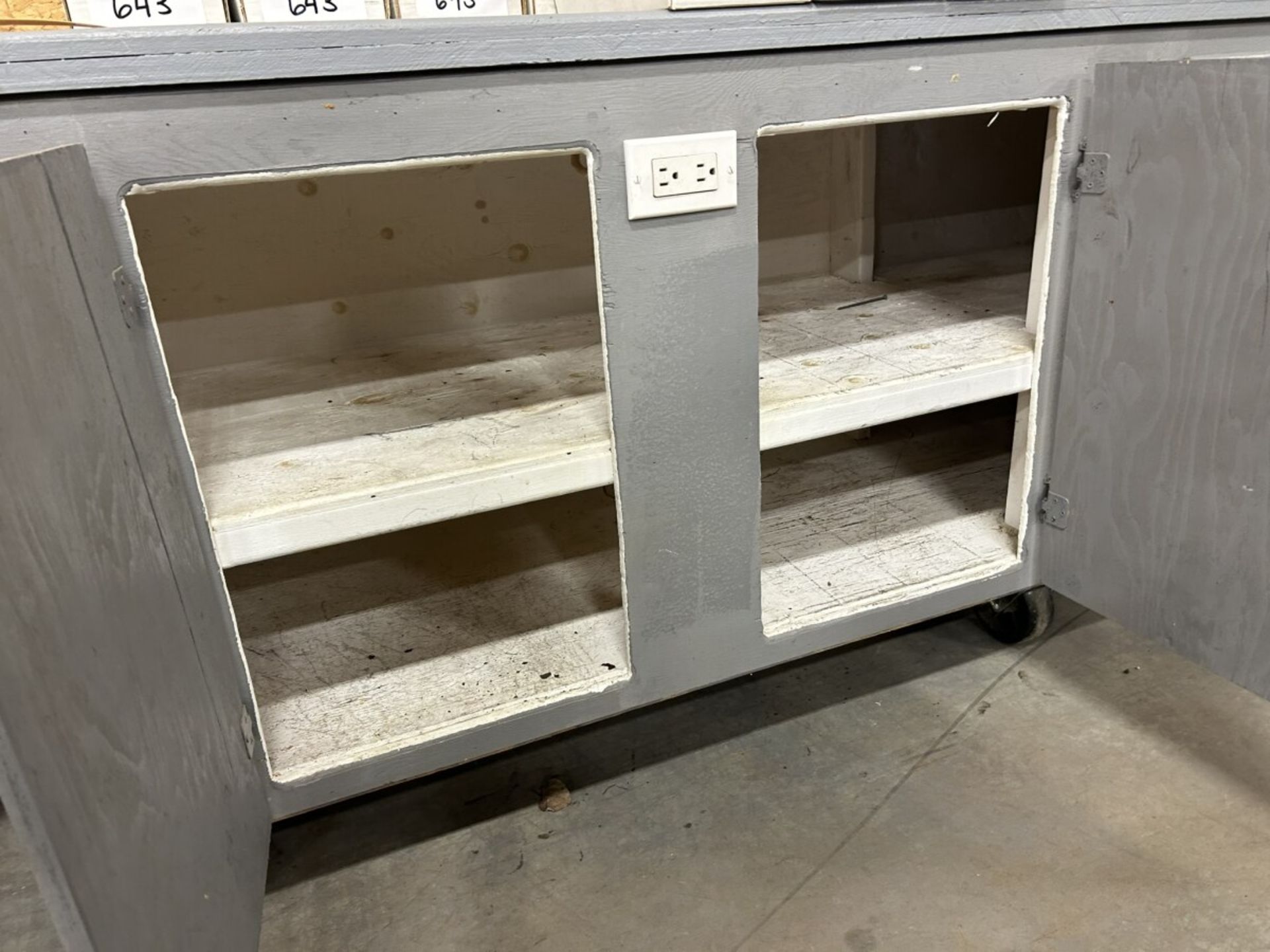 ROLLING WOODEN STORAGE CABINET 93"X24"34"H W/ INTEGRAL POWER OUTLETS - Image 3 of 4