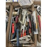 L/O ASSORTED HAND TOOLS-VICE GRIP, HAMMERS, OIL FILTER WRENCH ETC.