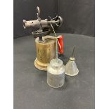 ANTIQUE BUTLER BLOW TORCH AND 2 OIL CANS