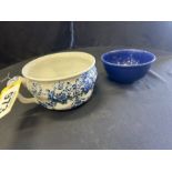 ANTIQUE HAND PAINTED CERAMIC POT (FENTON) & CERAMIC BLUE BOWL