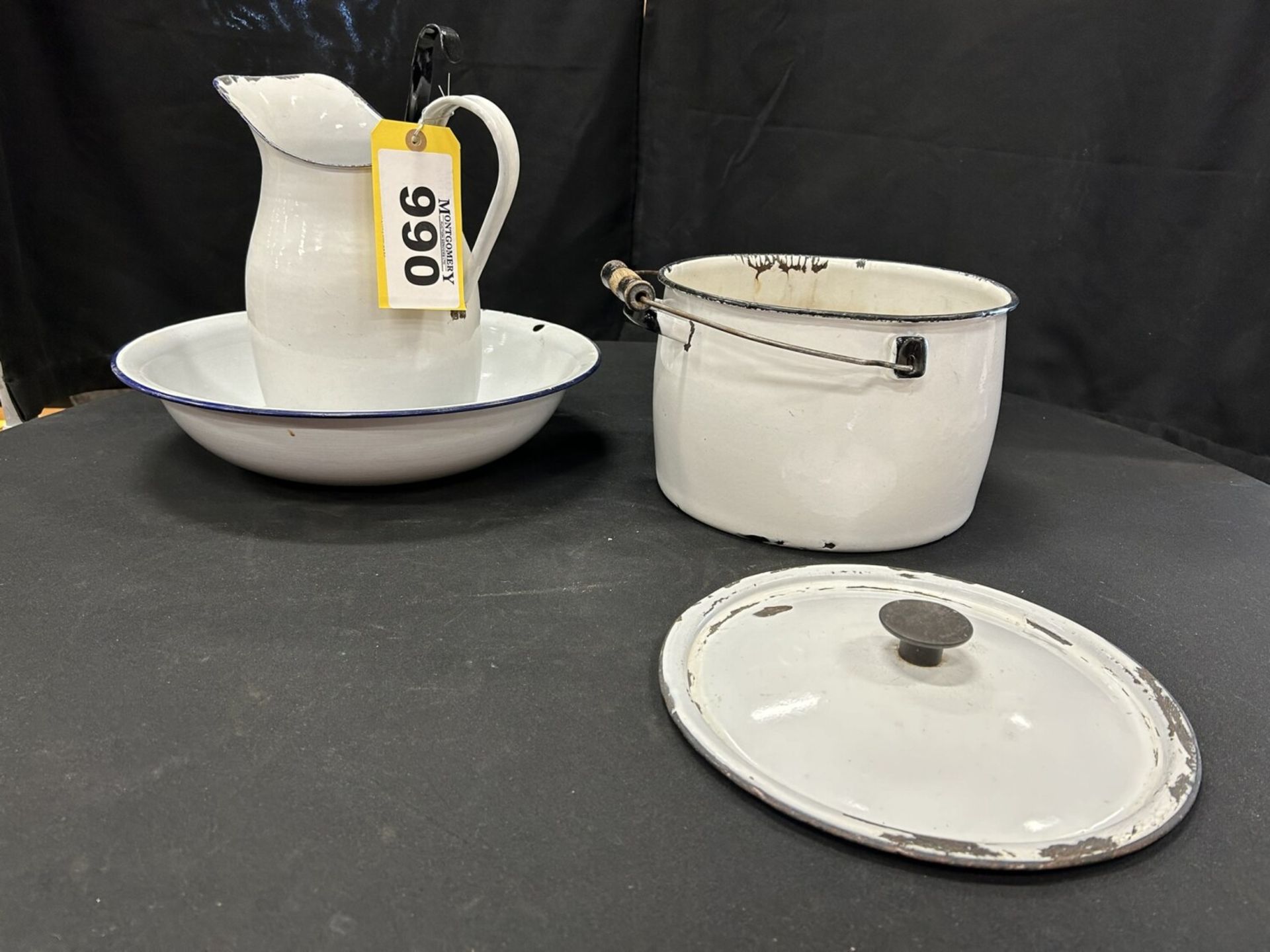 ANTIQUE ENAMEL WASH BASIN, ENAMEL POT & LID, AND WATER PITCHER, LADLE