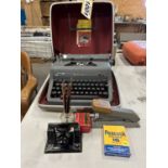 ANTIQUE ROYAL QUIET DE LUXE TYPEWRITER AND CASE, STAPLER, HOLE PUNCH, INK JAR, CALLIGRAPHY PENS,