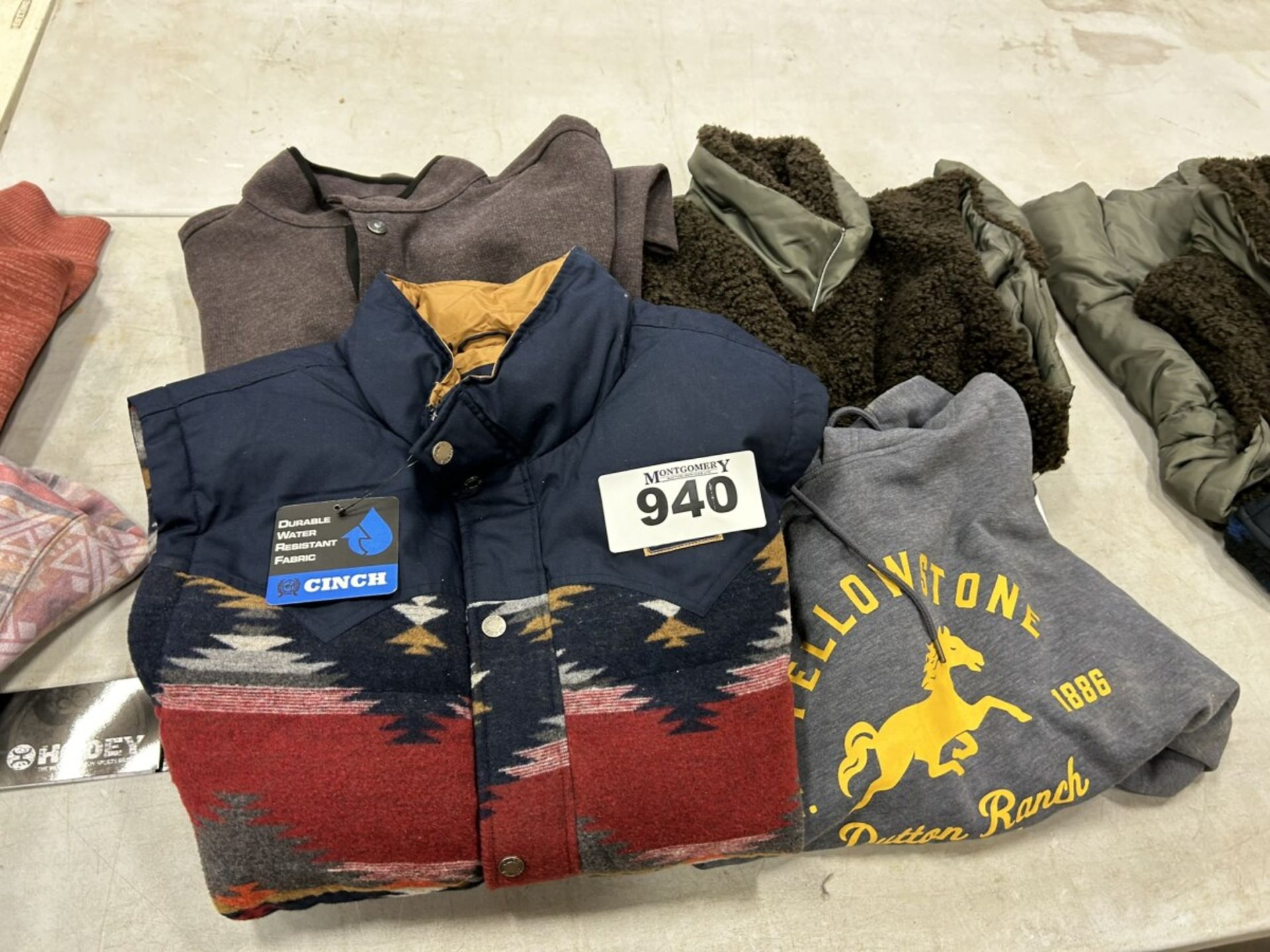 L/O SWEATERS AND COATS: WRANGLER XL, OUTBACK XXL, CINCH XXL, TRIBAL JEANS XL