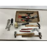 L/O ASSORTED HAND TOOLS -RUBBER MALLET, HAMMERS ,VICE GRIPS, PRY BARS, ETC.