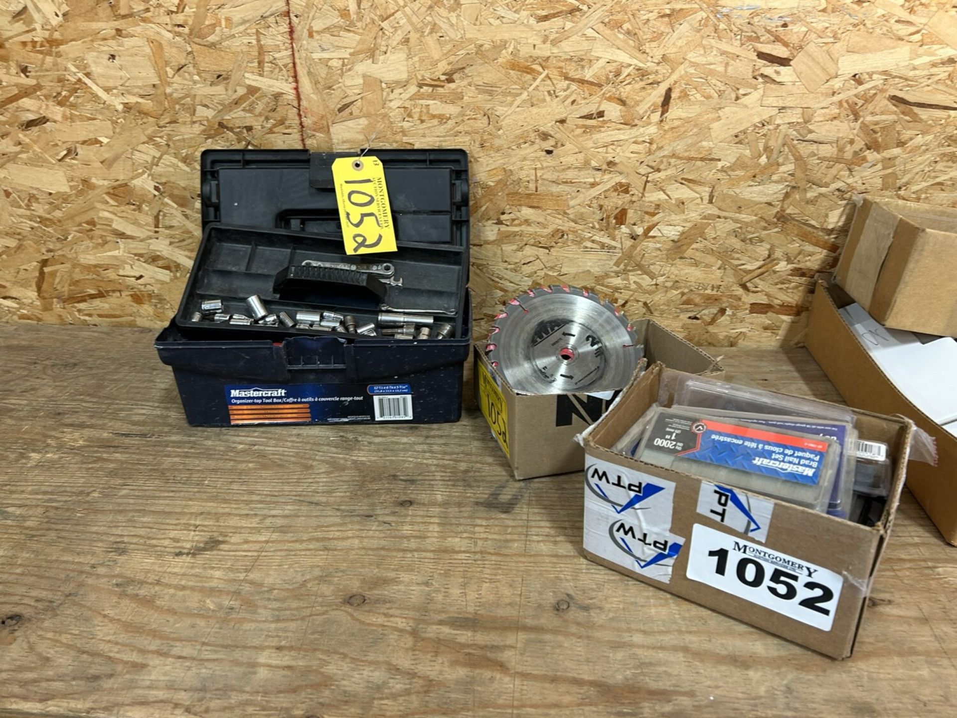 L/O ASSORTED SAW BLADES, BRAD NAILS, SOCKETS, HARDWARE, ETC.