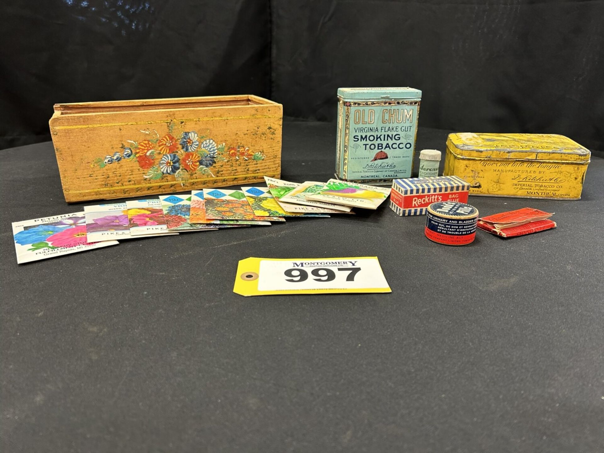 ANTIQUE TINS, GARDEN SEEDS, DODDS KIDNEY PILLS, ETC.