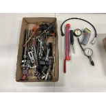 L/O ASSORTED HAND TOOLS SPRING COMPRESSORS, GAUGES, TEST LIGHT ETC.