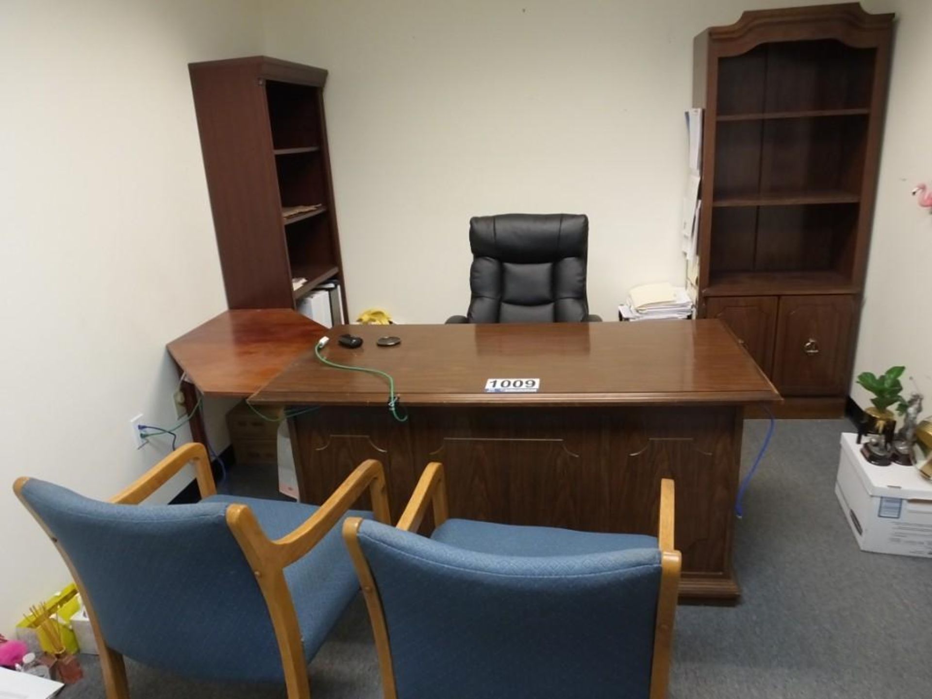 Office Desk/Chair, File Cabinet, 2 Bookcases, and 2 Side Chairs