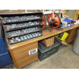 Lot: Work Desk, Storage Chest, and Trays with Fittings
