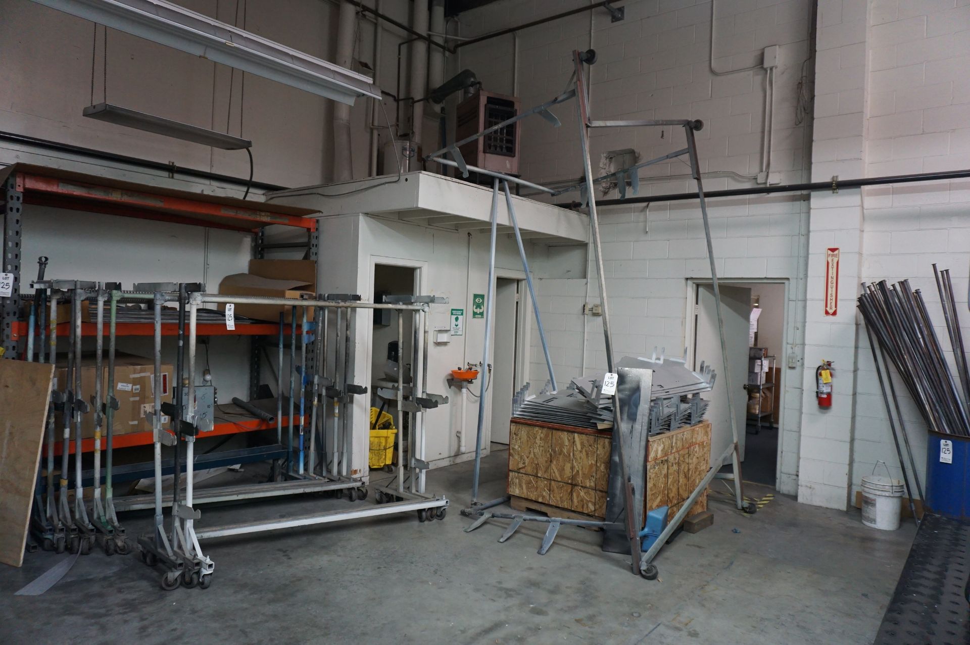 LOT TO INCLUDE: SPRAY BOOTH ROLLING STEEL SPRAY WORK HOLDING RACKS,LARGE OVEN RACK, PALLET RACKING