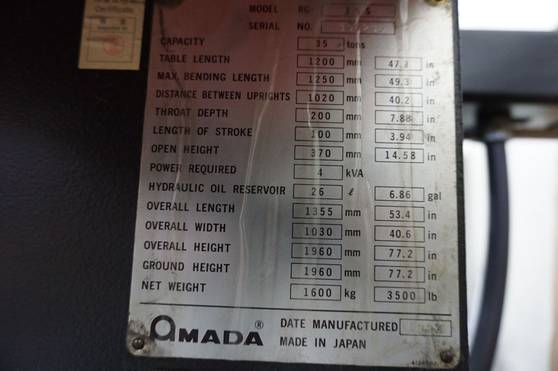 1994 AMADA RG-35S PRESS BRAKE S/N 356236 CAPACITY 35 TONS, TABLE LENGTH 47.3", MAX BENDING LENGTH - Bild 11 aus 14