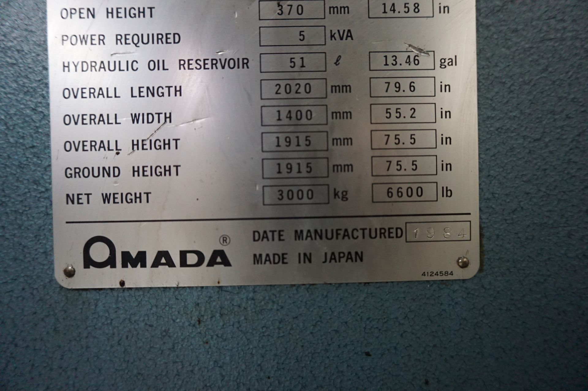 1984 AMADA RG-50 PRESS BRAKE S/N 504891 CAPACITY 50 TONS, TABLE LENGTH 78.8", MAX BENDING LENGTH - Image 10 of 11