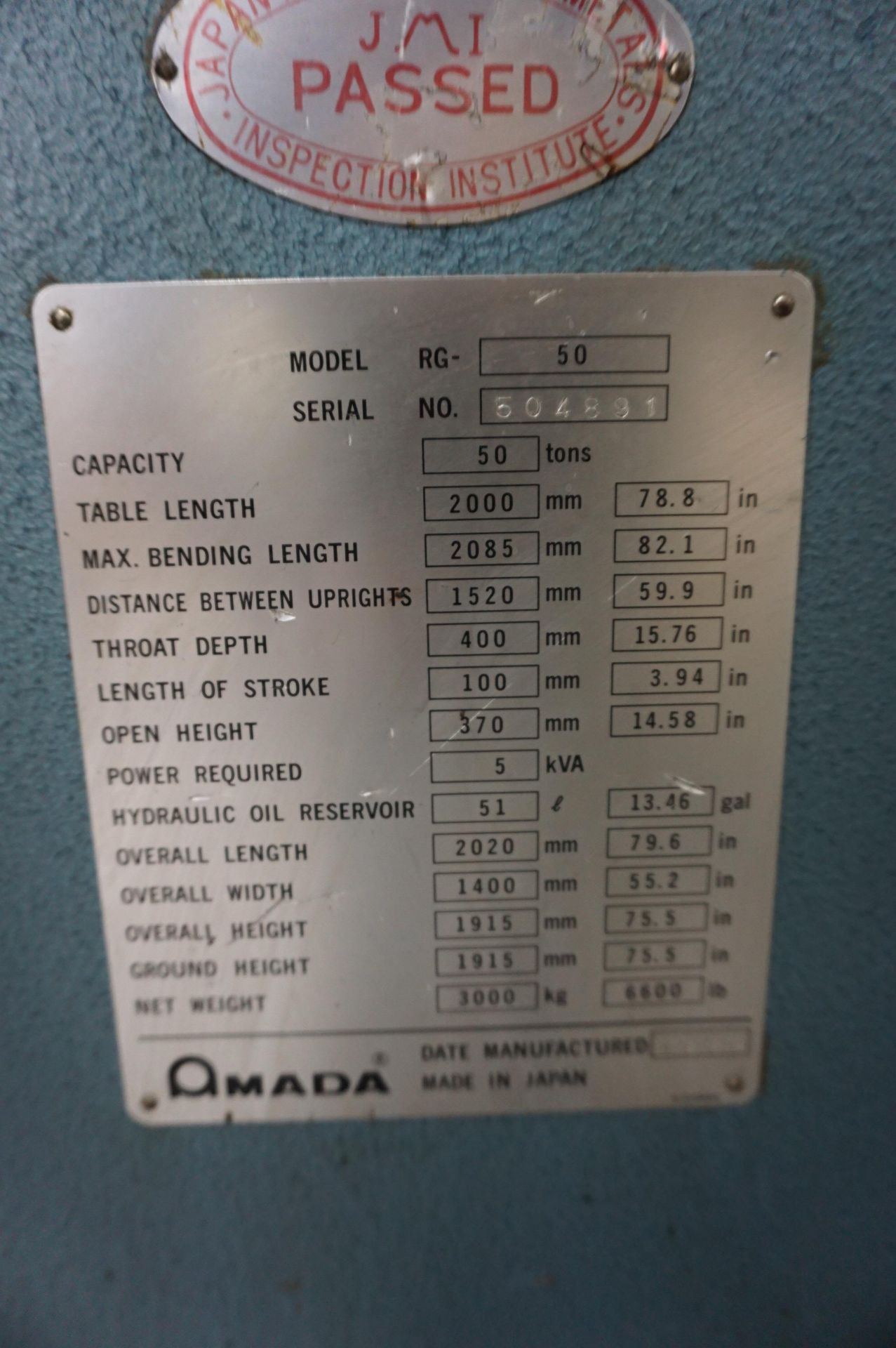 1984 AMADA RG-50 PRESS BRAKE S/N 504891 CAPACITY 50 TONS, TABLE LENGTH 78.8", MAX BENDING LENGTH - Image 9 of 11