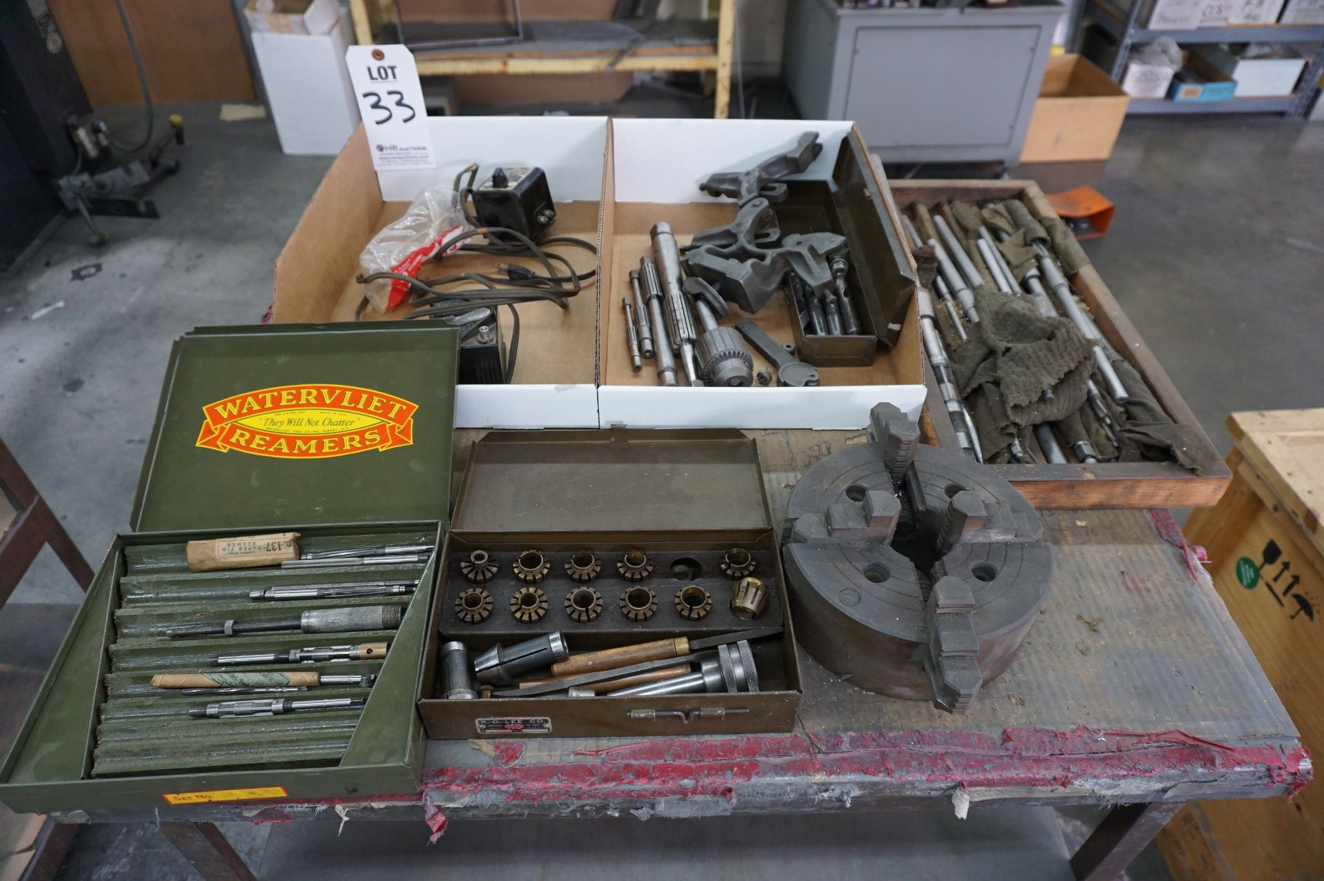 SOUTHBEND LATHE TOOLING LOT TO INCLUDE BUT NOT LIMITED TO: 4 JAW 5" CHUCK, MISC. REAMERS,