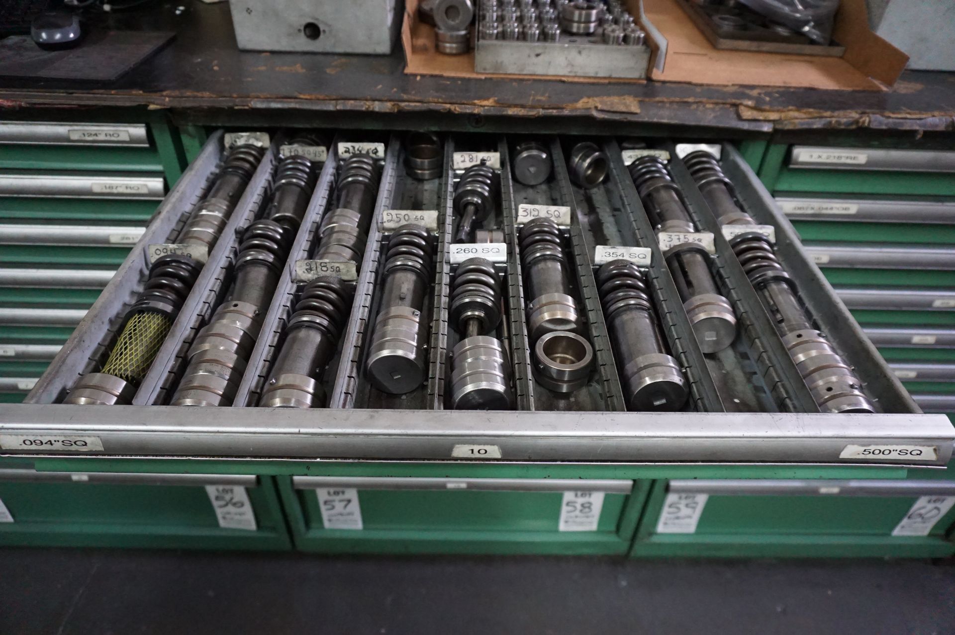 CONTENTS OF 9 DRAWER CABINET TO INCLUDE: .094" SQUARE PUNCHES - .550" SQUARE PUNCH TOOLING 1 1/4"