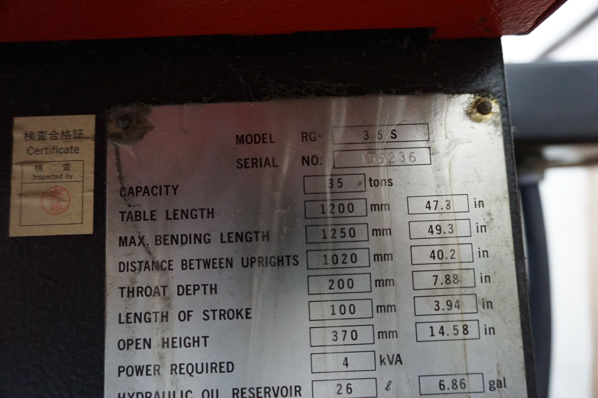 1994 AMADA RG-35S PRESS BRAKE S/N 356236 CAPACITY 35 TONS, TABLE LENGTH 47.3", MAX BENDING LENGTH - Bild 12 aus 14